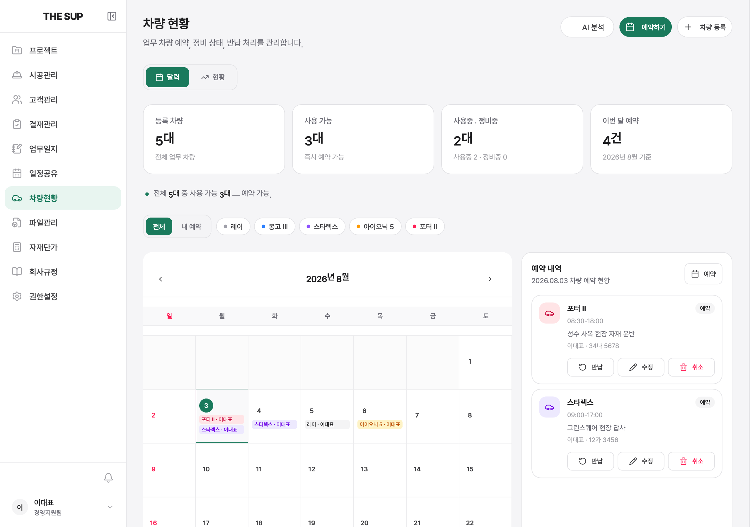 차량 현황 화면 — 요약 카드(등록·사용가능·사용중/정비중), 달력/현황 탭, 날짜별 예약·정비 목록